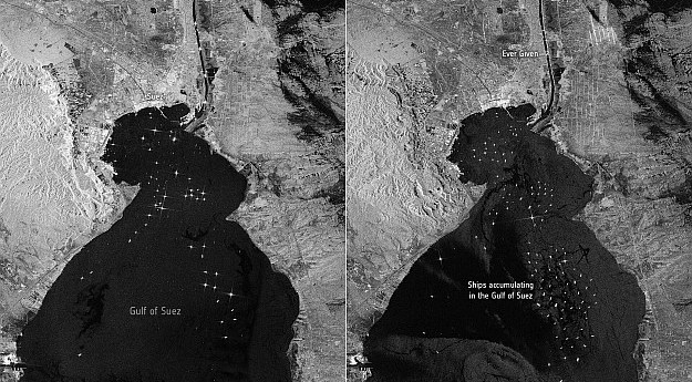Satellite radar shows Suez Canal traffic jam