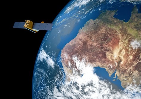 An artist's impression of a remote sensing satellite orbiting the Earth, with Australia underneath