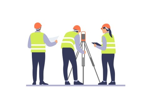 A cartoon showing three surveyors at work with a surveying instrument
