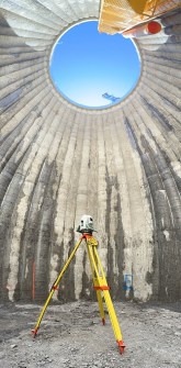 The MS60 robotic total station set up inside a concrete silo for 3D laser scanning
