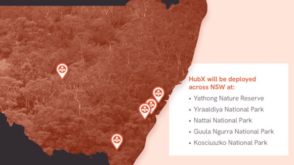 Map showing the locations where Sphere Drones’ HubX will be used in NSW national parks.
