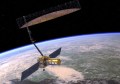 An artist's impression of a satellite with a large dish antenna, with the Earth below.