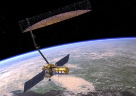 An artist's impression of a satellite with a large dish antenna, with the Earth below.