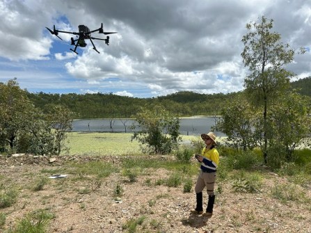 A man standing on the ground wearing hi-vis clothes, operating a UAV which is hovering above him, during mapping and surveying work