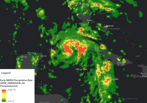 A false-colour GIS image of a hurricane, part of NASA's Earth science data now available on the ArcGIS Living Atlas of the World