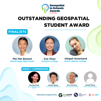 A collage of portrait photos of six people in the Geospatial in Schools Awards