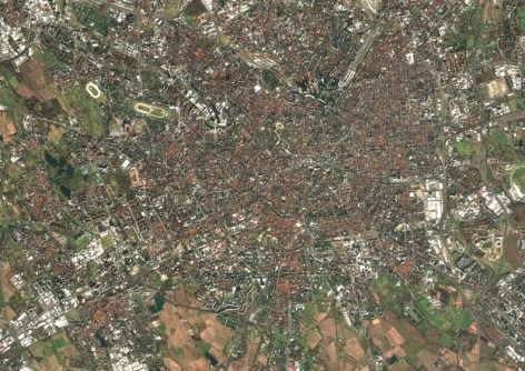 A satellite photo of a city, such as might be used to help develop a digital twin