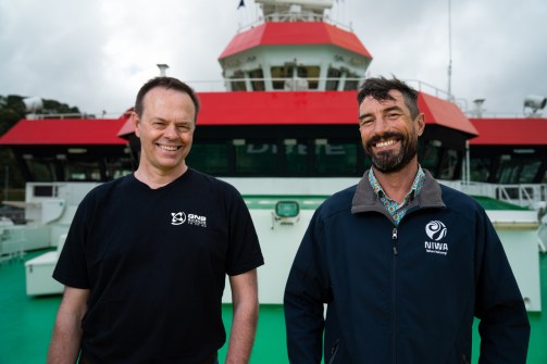 Joshu Mountjoy and Christof Mueller, aboard the RV Sonne during its seafloor mapping mission.