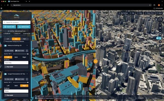 A Terria 3D digital twin rendering of buildings in Melbourne