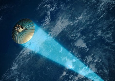 An artist’s impression of an iQPS SAR satellite in Earth orbit, with a blue radar beam appearing to shine down onto the ground.