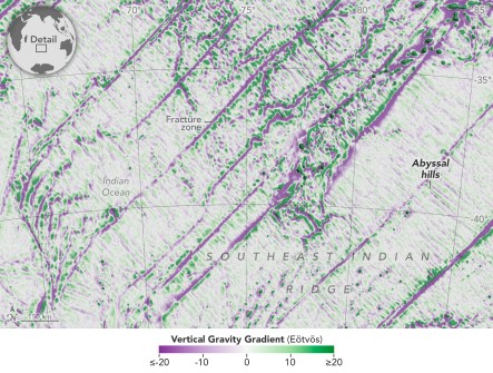 A map of seafloor features such as abyssal hills, in the Indian Ocean.