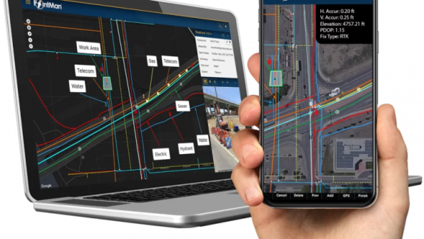 A montage showing a hand holding a smartphone, with a computer laptop screen in the background, both displaying subsurface asset mapping information.