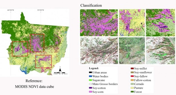 Various false-colour maps of an area in Brazil, showing vegetation mapping results.