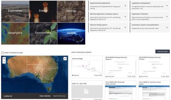 A screenshot of the SARIG Catalogue website, showing maps and tiles for different databases
