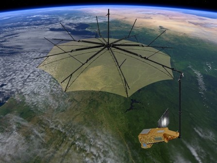 An artist's impression showing the Biomass satellite with its large, round mesh antenna facing down towards the Earth below