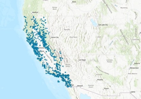 A map showing the locations of the University of California San Diego’s ALERTCalifornia camera network.