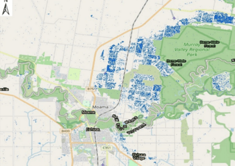 A map showing the extend of floodwaters around the town of Moama in 2022, as a result of flooding events.
