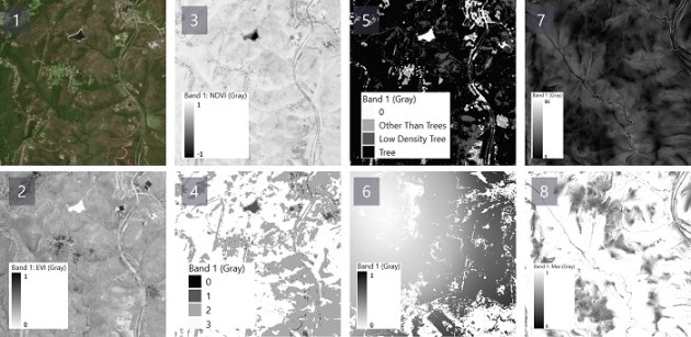 Eight satellite imagery layers giving various data related to bushfire risk