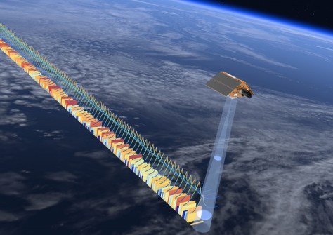 A graphic of Sentinel-6B orbiting above the Earth, sending its radar beam downwards onto the ocean