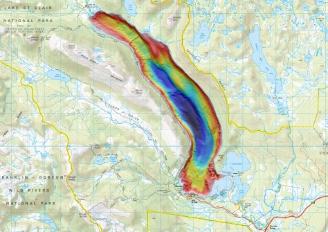 A map with Lake St Claire picked out in bright colours that indicate its various depths
