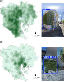 Google street view images and maps in green colour, showing examples of vertical greenery on buildings and the distribution of such across Tokyo