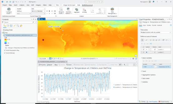 A screenshot from one of the new NASA GIS tutorials, showing a false colour map of the world and various tick boxes and drop down menus