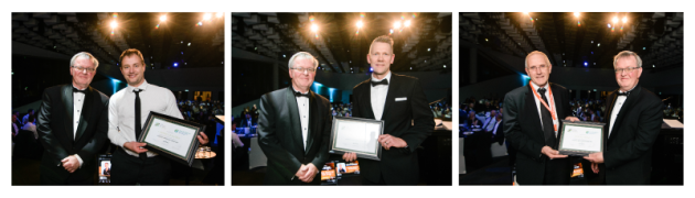 Three pictures side by side of men receiving framed awards