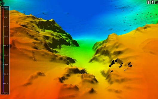 A map of erosion channels on the caldera rim of the Hunga Volcano, with colours from red to blue indicating depth