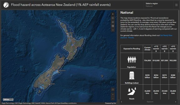 A screenshot of the New Zealand flood risk viewer website, showing an overhead view of New Zealand on the left and data on the right