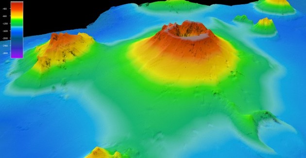 A bathymetric map of the Hunga Volcano and surrounding seamounts, with colours from red to blue indicating depth