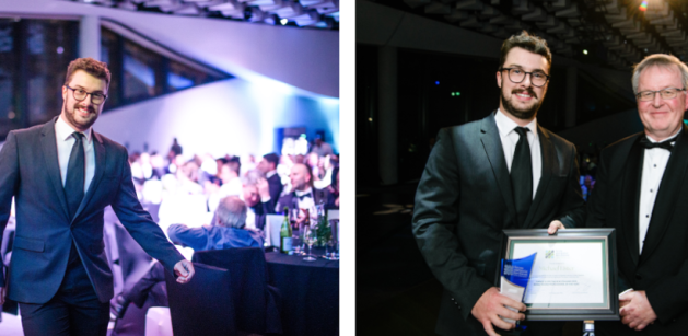 Two pictures of a man holding one of the framed awards