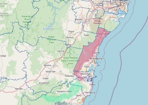 A screenshot from SEED showing a map of the area around Sydney and Wollongong, which can be used for biodiversity analysis