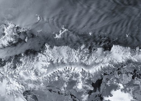 A black-and-white Sentinel-1D satellite image of part of the edge of Antarctica plus open ocean
