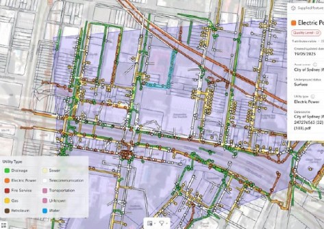 A map of city streets showing underground utility data as lines and dots