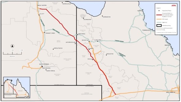 A map showing parts of the Northern Territory and Queensland, with a red line showing the proposed route for a gas pipeline