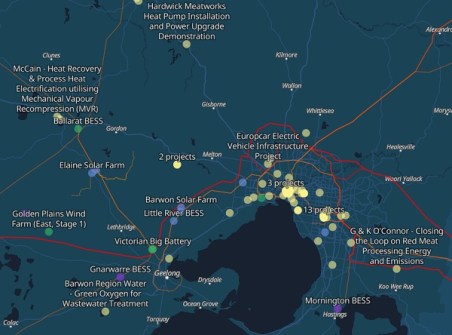 A screenshot from the Net Zero Investment Map, showing the location of solar and wind farms, batteries, industrial heat recovery and other activities in southern Victoria.