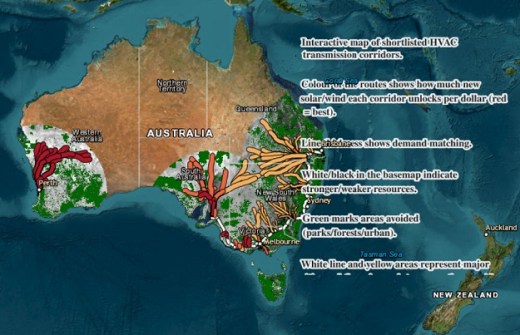 A map of Australia with lines showing the best routes for electricity powerlines, as assessed using GIS analysis