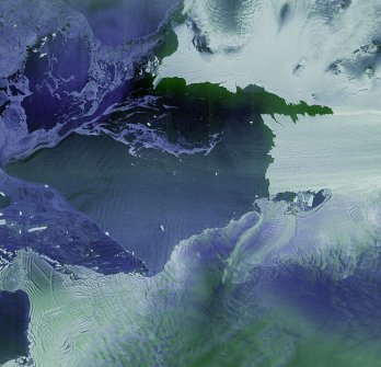A false-colour Sentinel-1D satellite image of glaciers and open sea