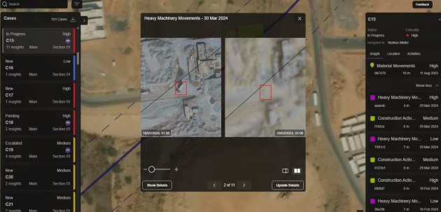 A screenshot of a LiveEO software product that analyses satellite imagery, showing two satellite pictures of a mine and various other data