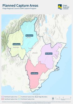 A map of Otago Regional Council's area of responsibility, with found sections marked in different colours, indicating where aerial LiDAR coverage will be increased