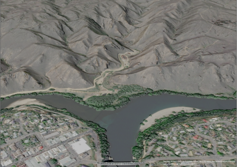 A 3D visualisation of two rivers merging at the base of hilly terrain, produced using LiDAR coverage data