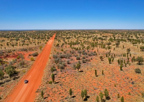 An aerial view of an Australian desert landscape, with red soil dotted with small bushes and trees, and a red dirt road disappearing into the distance