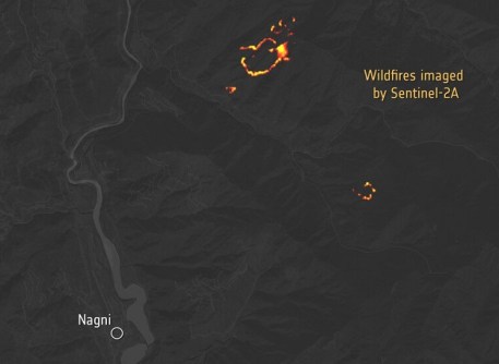 Nighttime imagery from Sentinel-2A showing the orange glow from fires in India.