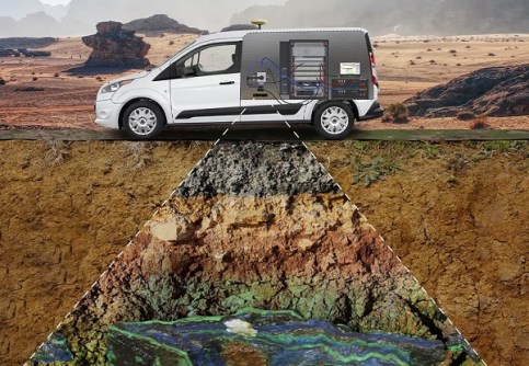 A graphic showing a small van equipped with quantum sensors, with a cutaway view of the ground below it