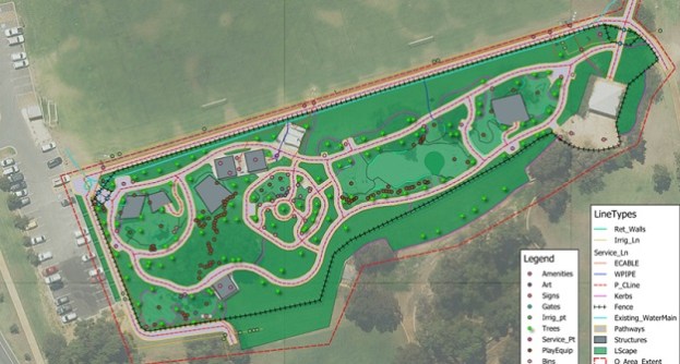 An overhead view of a GIS-ready, as-constructed survey of a landscaped public park, prepared to A-Spec standards.