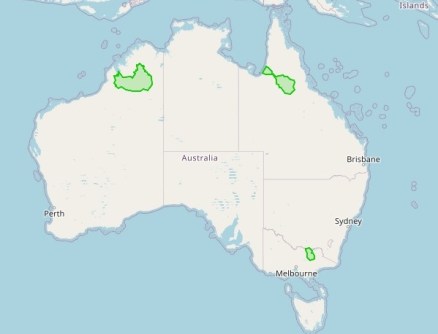 A map of Australia showing three locations where particularly case studies are being performed as part of the persistent pools study.