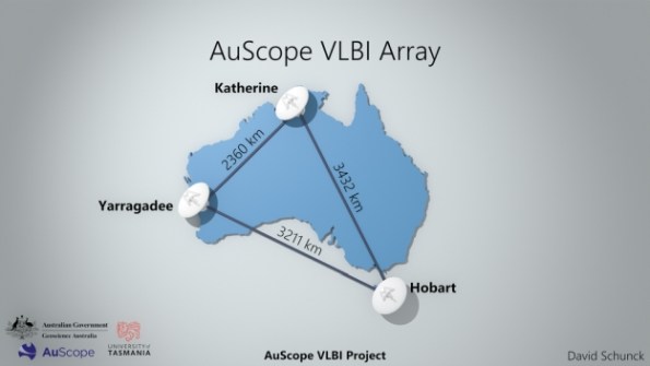 A map of Australia with locations marked in Tasmania, Western Australia and the Northern Territory where VLBI stations are located.