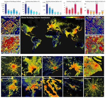 Various colour-coded maps of the world and cities, representing the GlobalBuildingAtlas buildings dataset