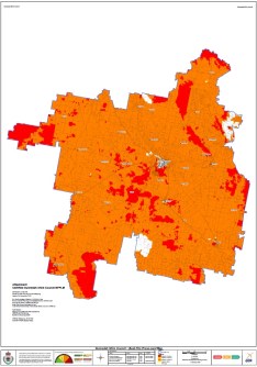 A map of bushfire-prone land in Gunnedah Shire, with areas colour-coded in orange and red.