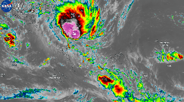 An animation using satellite imagery, showing a natural disaster - two cyclones passing over Vanuatu in 2023